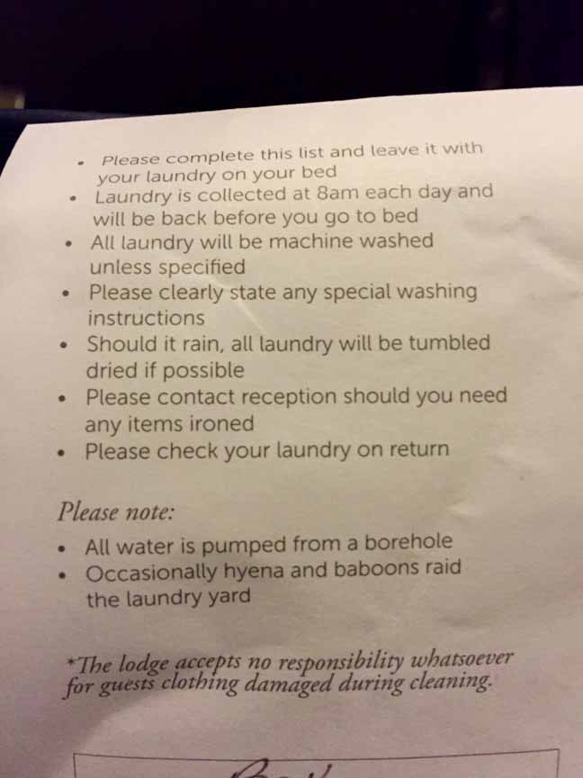 Tanzania Ngorongoro Crater Laundry Instructions